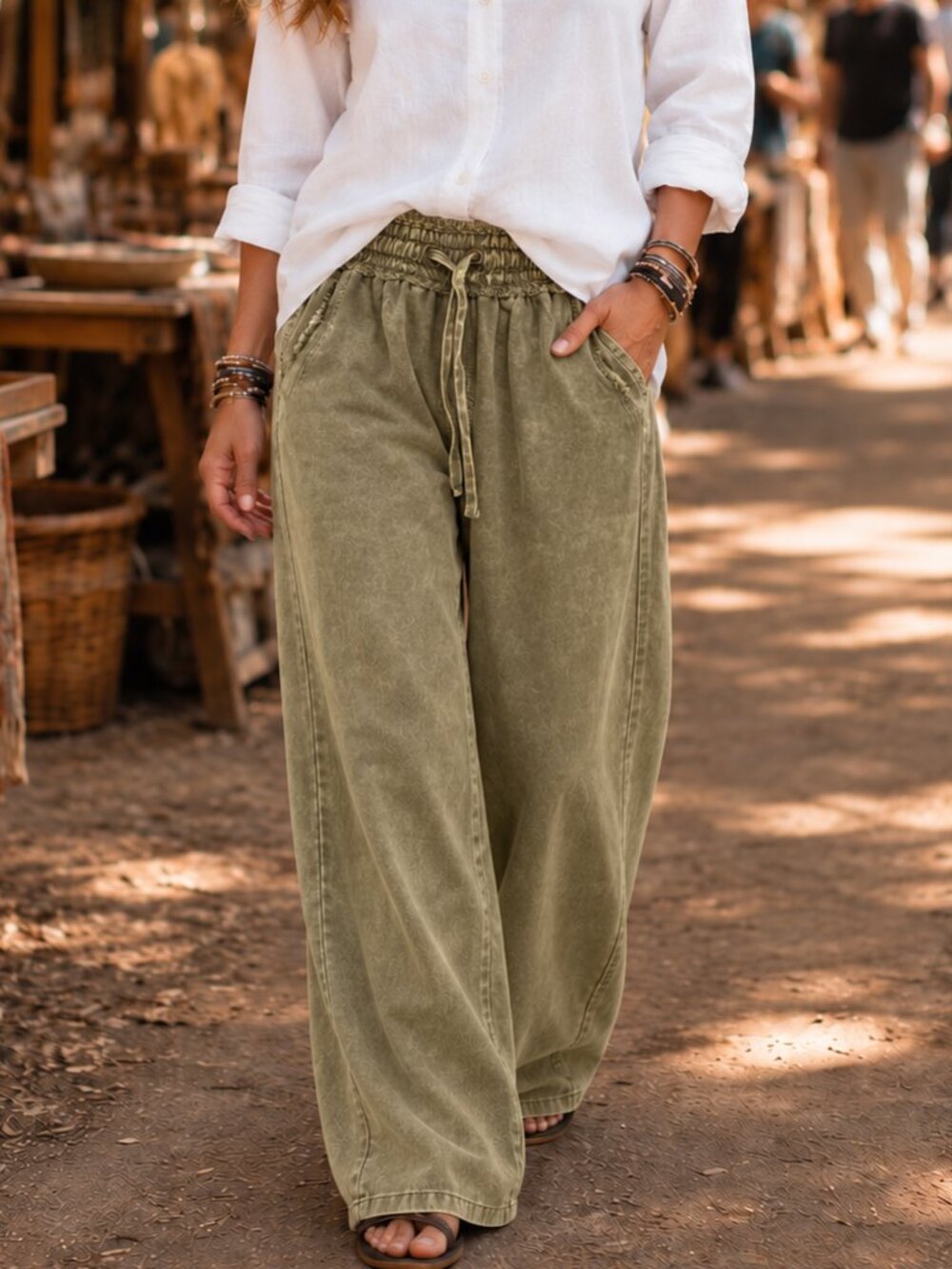 Zenana 100% Tencel Mineral Wash Coastal Wide Leg Boho Flowy Pants Olive Boho NWT